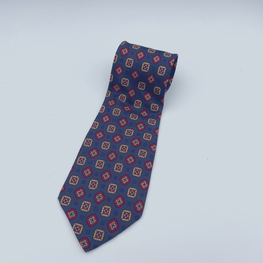Firenze Men's Silk Tie Made in Italy Navy Background  w/geometric Pattern B50-05